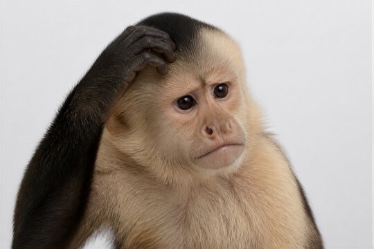 White faced capuchin monkey scratching head on gray background