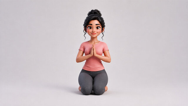 Young Woman Practicing Vajrasana Prayer Pose 3D Character Illustration