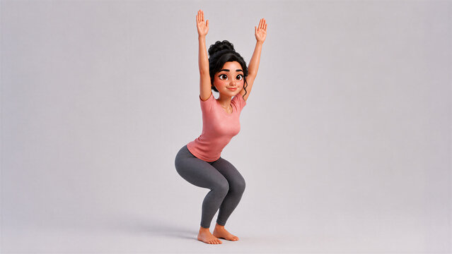 Cute Stylized 3D Young Indian Woman Practicing Utkatasana (Chair) Yoga Pose  | Yoga Series 04 / 04