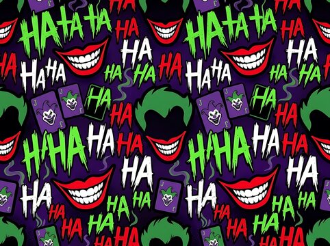 Evil clown laughter pattern with joker cards on dark purple background.