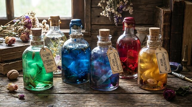 Collection of colorful magic potions and elixirs in glass bottles on rustic wooden table for spell casting.