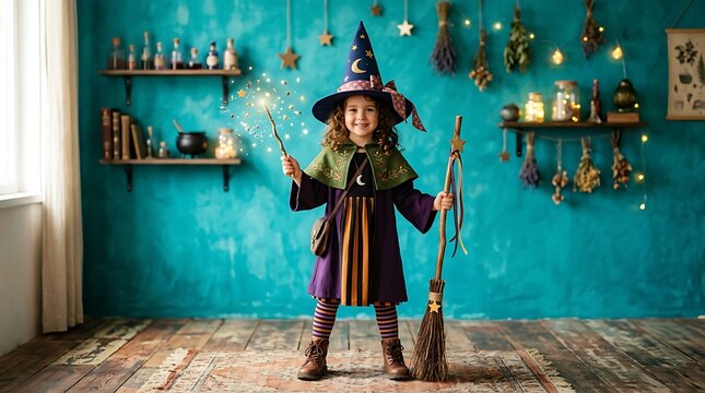 Happy little girl dressed as a witch holding a magic wand and broomstick against a turquoise wall.
