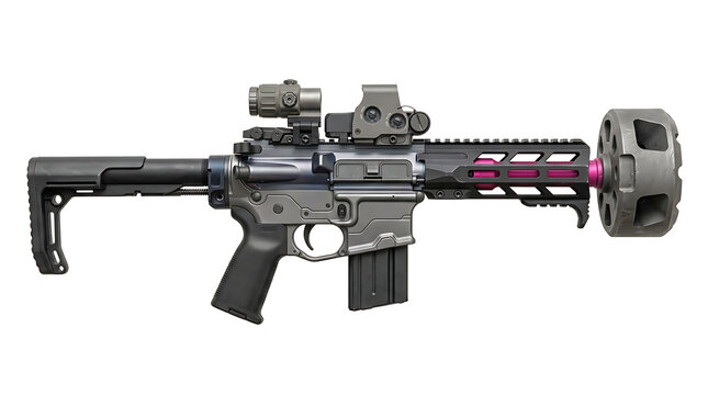 Modern tactical assault rifle with holographic sight and custom muzzle brake on white background