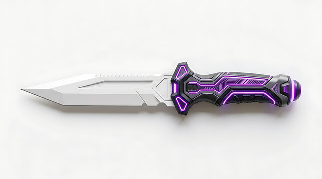 Futuristic combat knife with glowing purple neon lights isolated on a white background