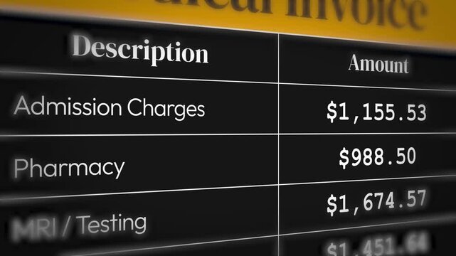 Hospital invoice breakdown showing admission, pharmacy, mri costs, 4k animation.