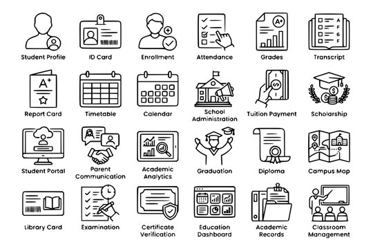 Education Administration and School Management Line Icons Set - Vector Symbols for Student Profile, Transcript, Tuition Payment, Diploma, and Academic Portal 