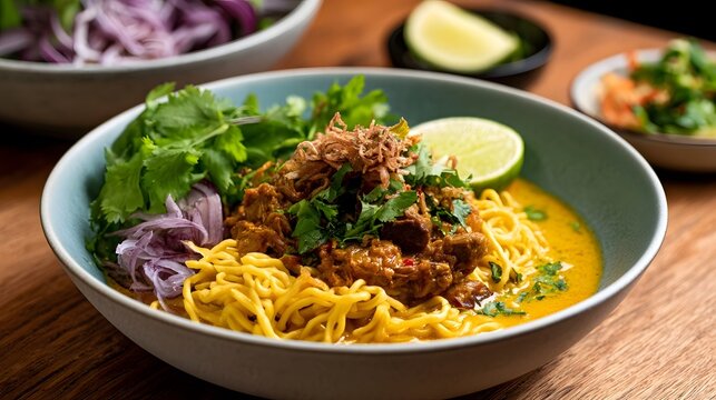 A bowl of Khao Soi featuring yellow noodles  rich curry broth  shredded meat  fresh cilantro  sliced red onion  and a lime wedge