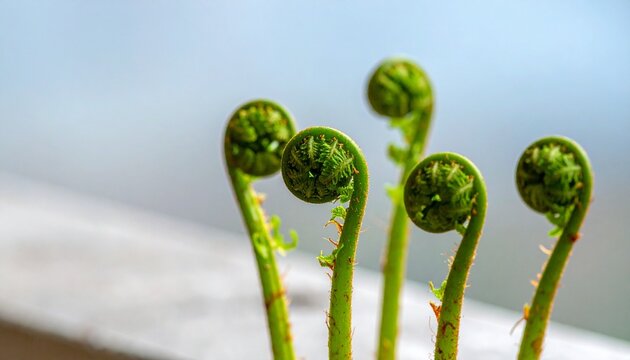 Bright green fiddlehead fern fronds coiled in spirals, emerging growth, natural outdoor setting.