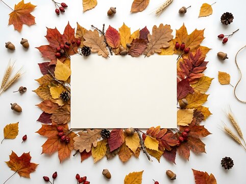 Autumn leaves frame with golden maple oak birch foliage acorns pine cones and berries on white background for seasonal greeting card.