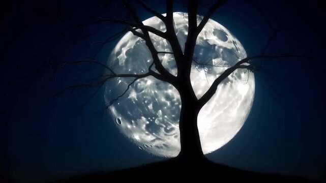 Silhouette of a bare tree against a giant full moon. Dramatic night sky with a glowing supermoon and dark branches