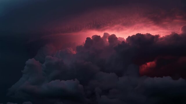 Dramatic dark storm clouds with glowing red lightning. Ominous weather background with billowing thunderclouds