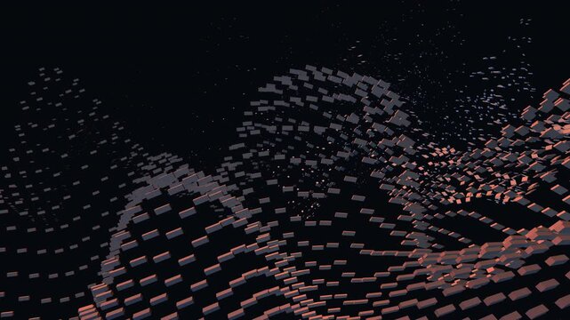 Seamless 3D motion background featuring an evolving grid of geometric cubes transforming from architectural waves into floating lattice nodes. Dark blue and rose gold lighting with ideal copy space.