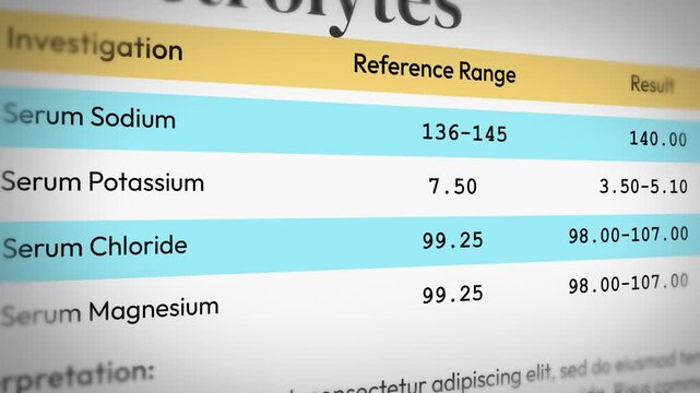 Medical laboratory test results for serum sodium, potassium, chloride, with reference ranges, 4k animation.