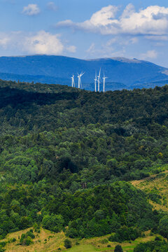 Wind turbines among the Carpathian Mountains. Ecological energy concept in Ukraine