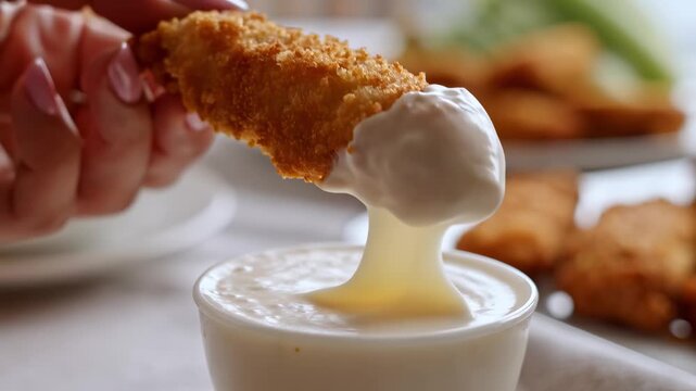Close-up of a hand dipping a crispy breaded chicken tender into creamy white sauce. Fried food appetizer dripping with ranch dressing in a small bowl. Fast food snacking concept