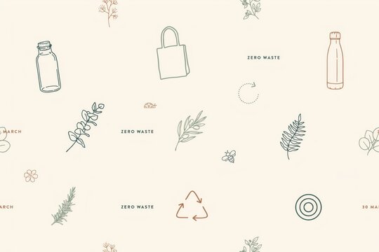 Seamless pattern featuring zero waste lifestyle like glass bottles, tote bags, recycling symbols, and various botanical line
