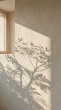 Natural tree leaf shadows cast on a beige textured wall interior, summer sunlight, architectural aesthetic, moody atmospheric lighting