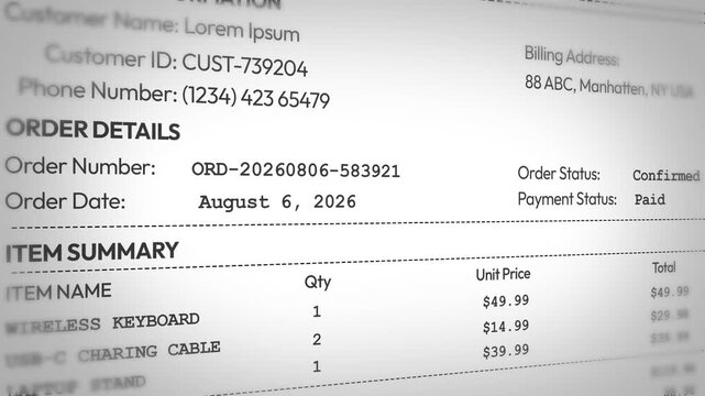 Order confirmation receipt, purchase details and payment status, 4k animation.
