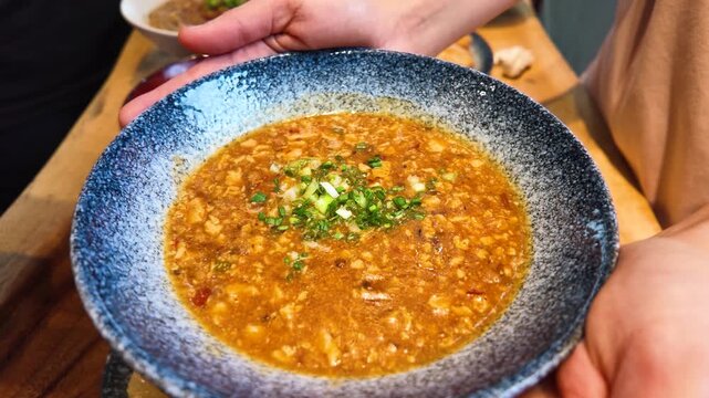 Spicy Mapo Tofu Stew with Minced Pork in Blue Bowl