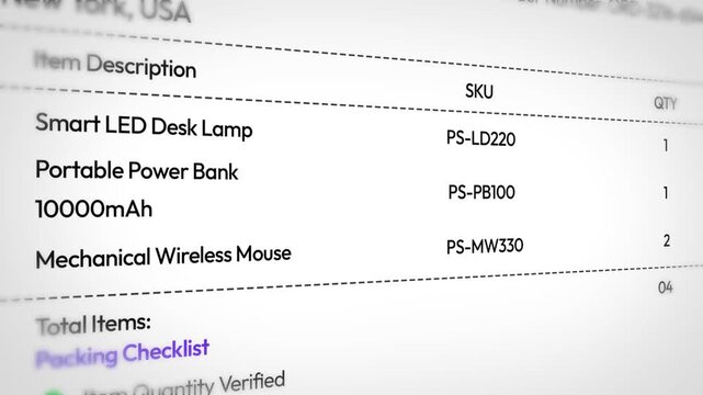Packing slip checklist animation showing items, shipping label attached, quality check, 4k animation.
