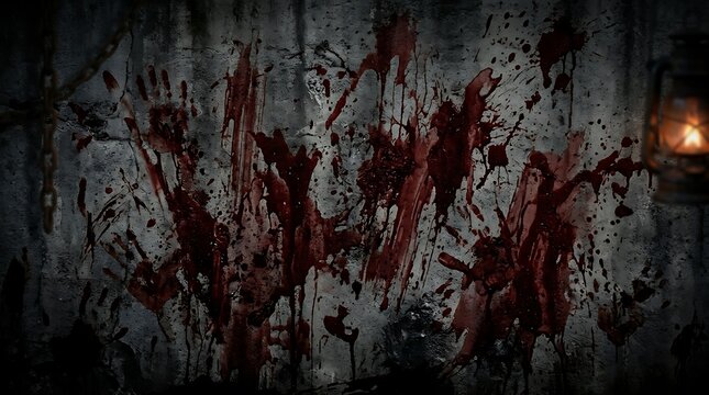 Grimy concrete wall covered in bloody handprints and splatters with vintage lantern and chains.