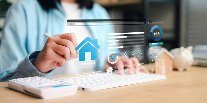 Professional using digital home management interface on laptop, illustrating property services, real estate evaluation, mortgage planning, inspections, approvals, ratings,