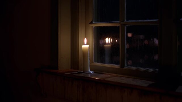 Single white candle burning on a windowsill at night. Raindrops on the window glass reflecting the warm candlelight. Moody atmosphere during a dark rainy evening