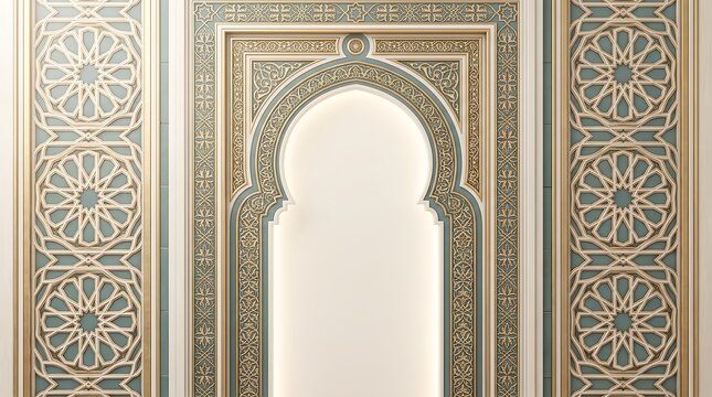 Luxury Islamic arch interior background with ornate gold patterns and geometric lattice