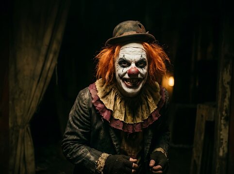 Terrifying clown with orange hair and smeared makeup wearing a vintage hat in dark shadows.