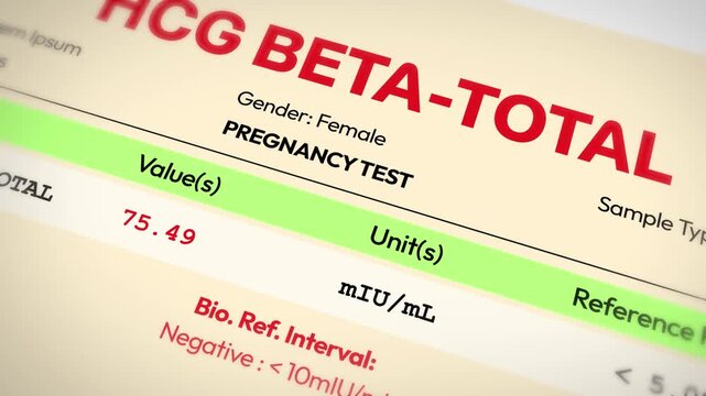 Pregnancy test result with hcg beta-total value for female, fertility check up, medical, health report, pregnant, 4k animation