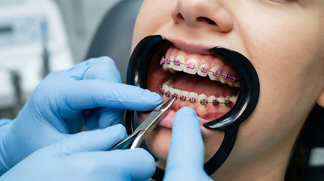 Orthodontist Adjusting Dental Braces During Orthodontic Treatment