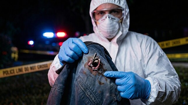 Front view of a forensic investigator in a protective suit holding up and pointing to a distinct bullet hole on bloody clothing in front of police lights.