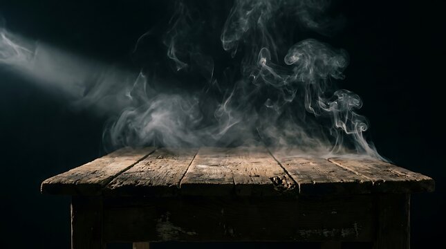 Rustic wooden table top with rising white smoke against dark background atmospheric texture for product photography display.