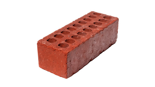 Single solid red clay construction building block with holes isolated on transparent background