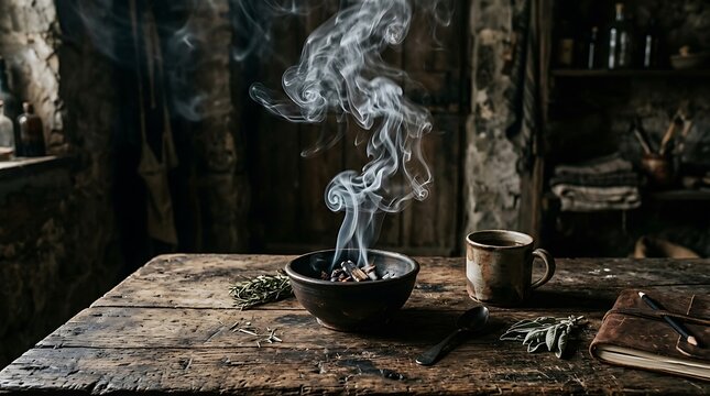 Old rustic wooden table with burning incense bowl coffee cup herbal plants and leather notebook for witchcraft rituals setup.