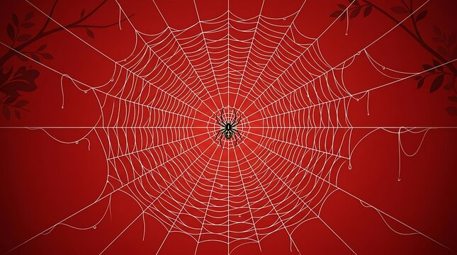 Intricate white spider web centered on vivid red background with symmetrical geometry for halloween seasonal decoration concept.