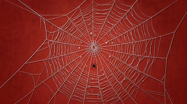 Complex white spider web structure spanning across deep red canvas for macabre artistic graphic design and textile texture.