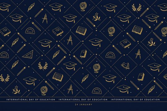 Seamless pattern for international day of education with golden graduation caps, books, globes, and school supplies on a dark blue background