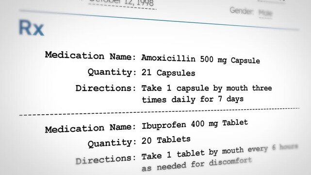 Prescription instructions for amoxicillin and ibuprofen medication, patient care, 4k animation.