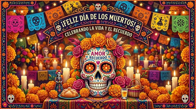Traditional day of the dead altar featuring ornate sugar skull and marigold flowers.