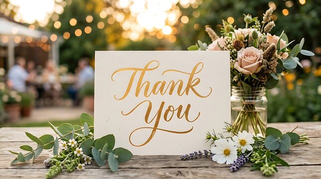 Thank you card with elegant gold calligraphy placed on rustic wooden table decorated with fresh flower bouquet.