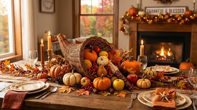 Thanksgiving cornucopia filled with pumpkins apples and autumn harvest vegetables on dining table before fireplace.