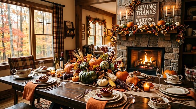 Festive thanksgiving dining table setting with rustic pumpkin decorations and burning fireplace for holiday home interior.