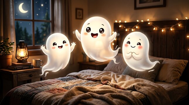 Adorable glowing cartoon ghosts floating in cozy bedroom with moonlight and warm lights for dreamy halloween atmosphere.