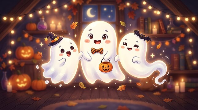 Cute cartoon ghosts celebrating halloween with pumpkins and twinkling lights in atmospheric room for festive party decor.