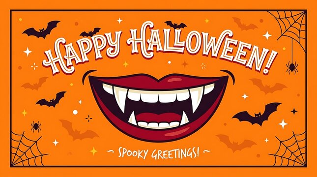 Spooky halloween greeting card design with vampire teeth and bats on an orange background for festive holiday messages.