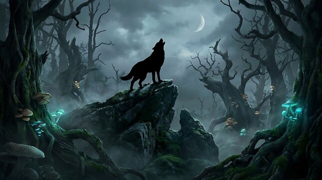 Silhouette of wolf howling on mossy rock in dark enchanted forest with glowing mushrooms under crescent moon.