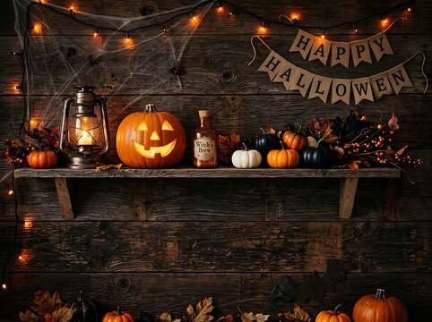 Lit jack o lantern pumpkin and witch brew potion on wooden shelf with halloween bunting banner for holiday home decor.
