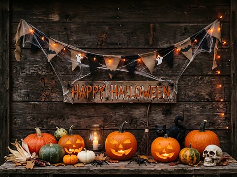 Happy halloween wooden sign with pumpkins ghosts and black cat decoration for festive indoor holiday home background.