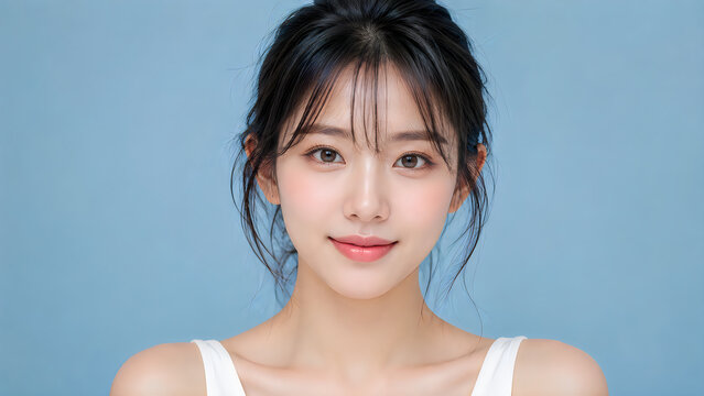 Close up of a young woman's face with bangs and soft makeup on a blue background promoting skincare and wellness.